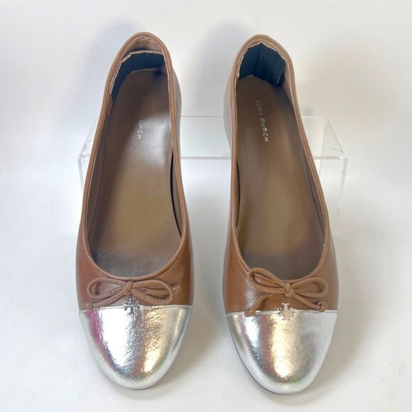 Tory Burch Cap Toe Ballet Flats Brown Silver Metallic Women Size 8 - Picture 4 of 8